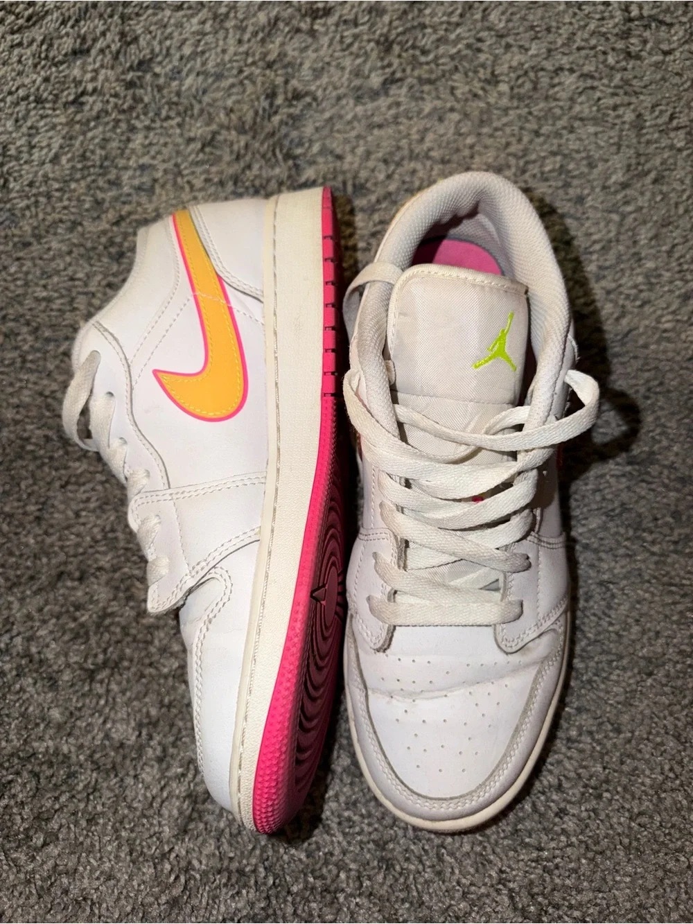 Nike Kids White Sneakers with Pink Outsole & Yellow Swoosh